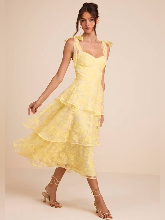 Lulus Dresses & Skirts - LULUS Floral Burnout Chiffon Sweetheart Bustier Tier Ruffle Fairycore Dress M